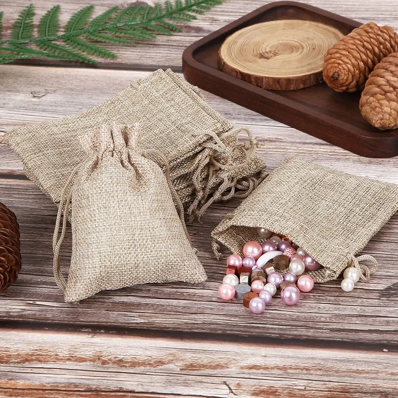 

50 шт. джутовые пакеты на шнурке, джутовые пакеты, подарочные пакеты на шнурке, льняные пакетики из конопли для подарков