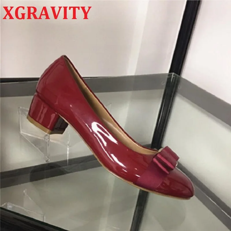 

D001 XGRAVITY Fashion New Spring Hot Chunky Heel Shoes Butterfly Knot Red Patent Leather Women Shoes Round Toe Ladies Party Shoe