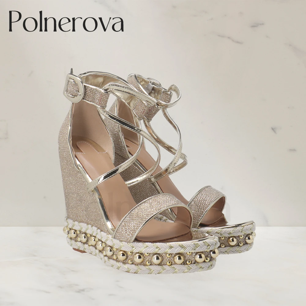 Metallic Bead Platform Sandals Cross Strap Wedge Sandals Round Toe Summer Shoes Fashion Sequin Designer Style Shoes Custom Color