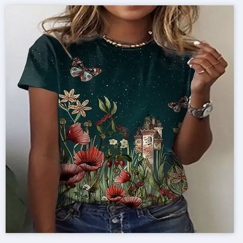 

women's casual T-shirts, green floral T-shirts, women's fashion short sleeve T-shirts, women's T-shirts
