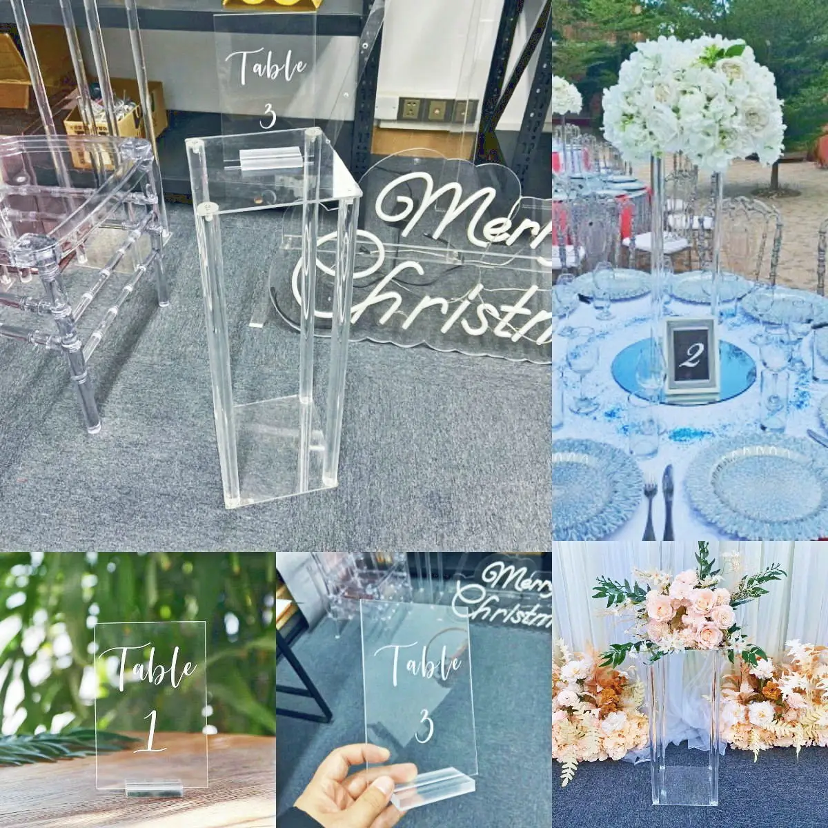 10PCS Acrylic Column Pillar Stand Wedding Flower Table Centerpiece Clear Plinth Dessert Fruit Cake Holder With Table Number Sign