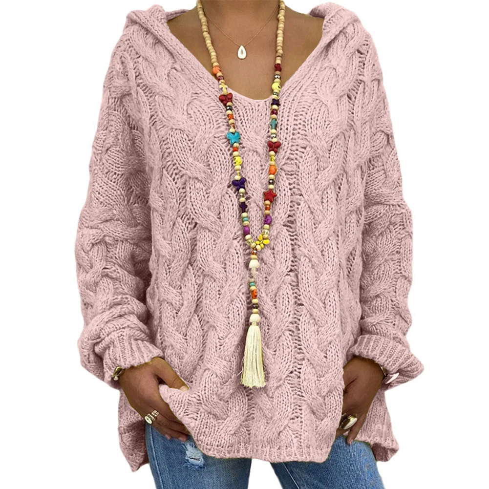 

Loose Knitted Pullover Jumper Sweater, Ladies V Neck Long Sleeve Hooded Sweater, Soft and Comfortable, Dark Gray