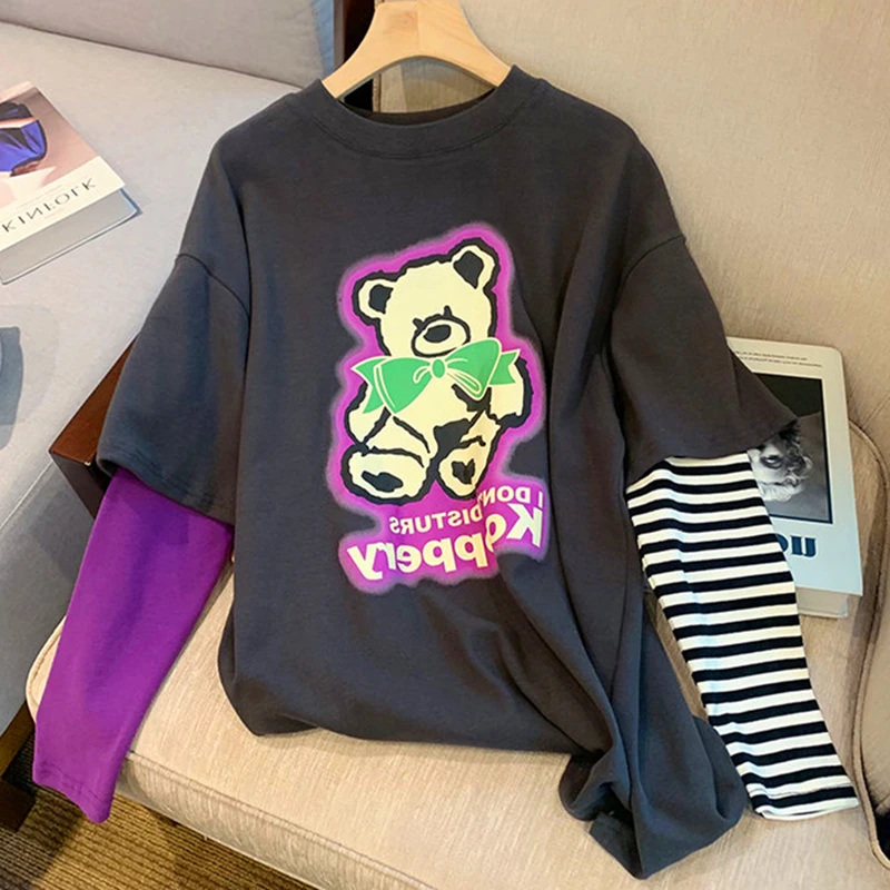 

New Hip Hop Cute Cartoon Bear Chic Long Sleeve Tops Women Streetwear Goth T Shirt Kawaii Clothes Teens Large 2XL Korean Fashion