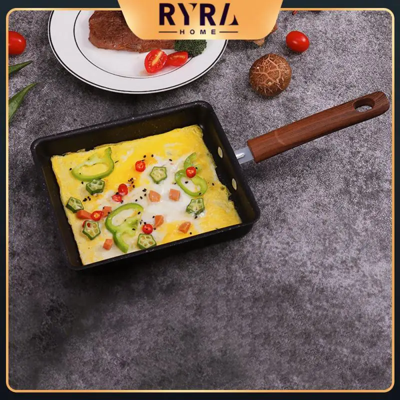 

Black Japanese Style Kitchen Pot Cooking Square Pan Solid Wood Handle Frying Pan Household Tools Iron Breakfast Make Thickened