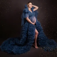 navy blue maternity robe photo shoot dress sheer tulle long ruffle sleeve baby shower women dresses maternity gowns