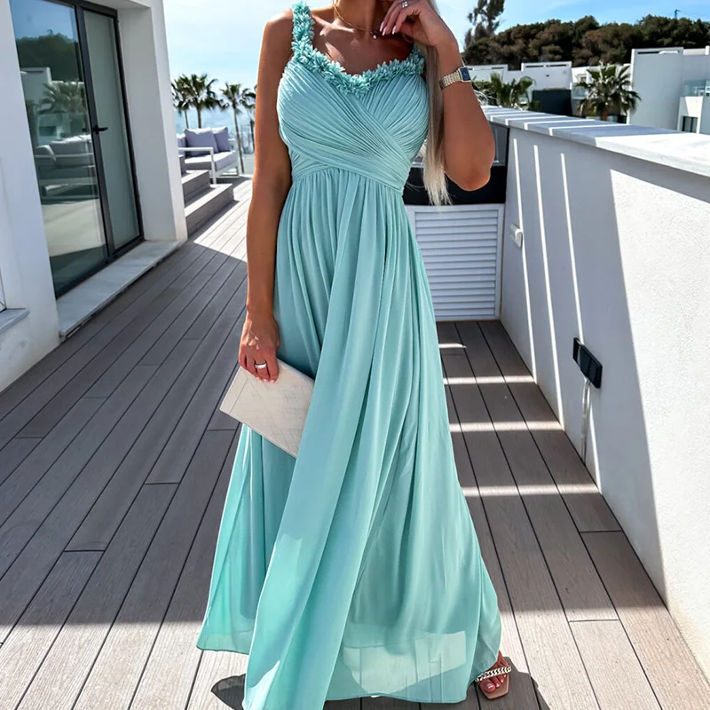 

Женское плиссированное платье с открытыми плечами, летнее пляжное платье с V-образным вырезом, длинные кружевные платья на бретельках, 2023