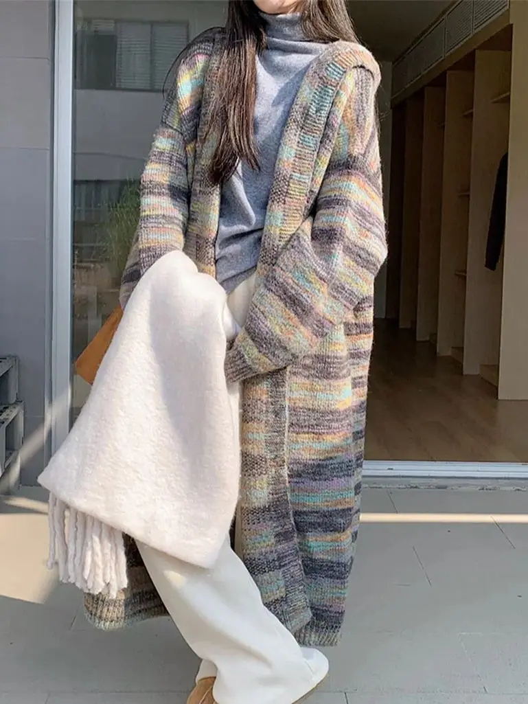 Зимние длинные свитера PLAMTEE в полоску женские шикарные вязаные приталенные