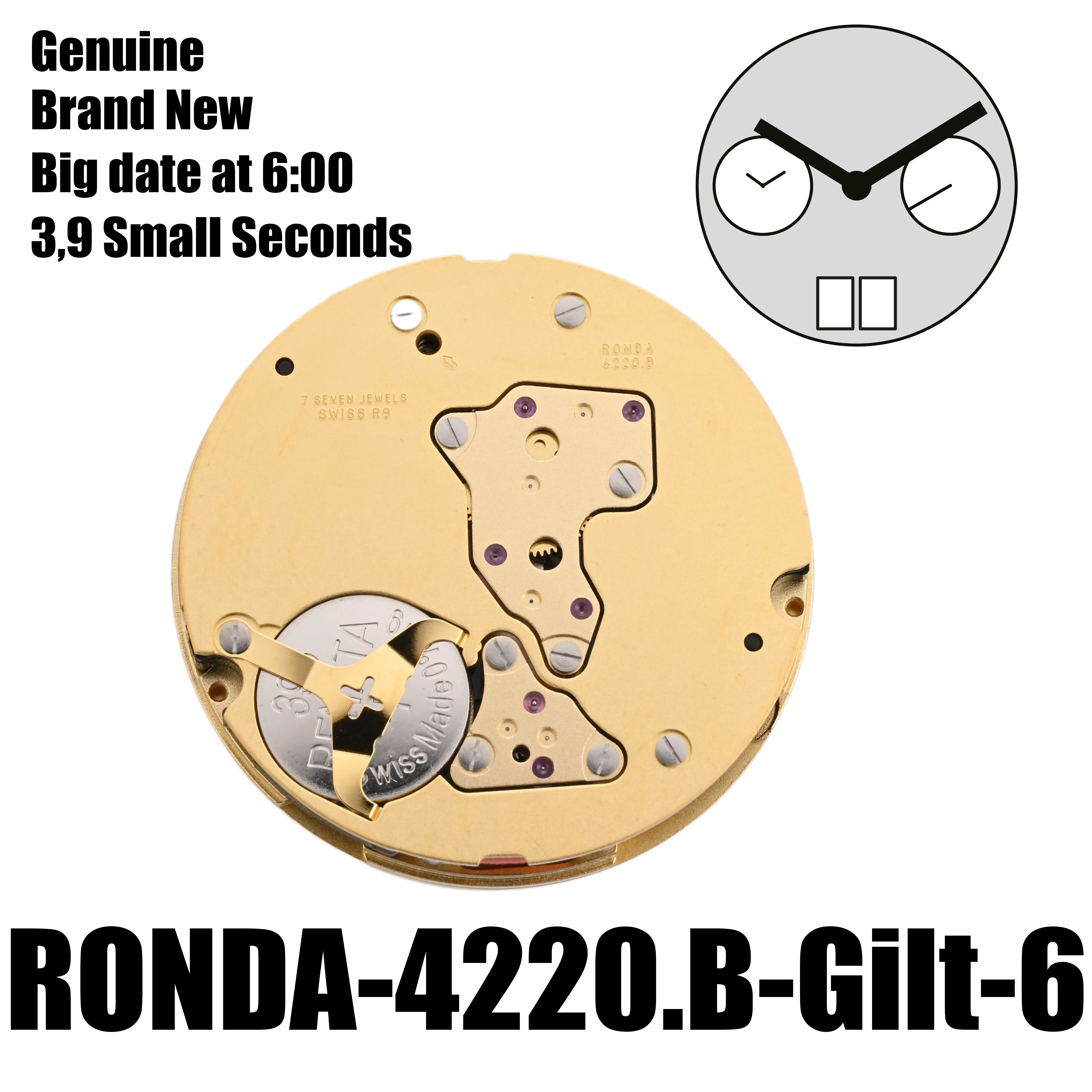 Механизм 4220B Швейцарский Ronda 4220.B Большая дата на 6:00 Семи драгоценных камней Плюс