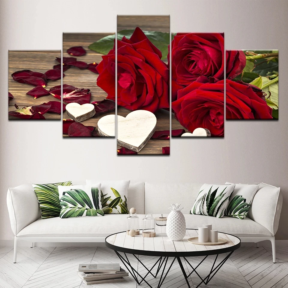 

Настенная живопись на холсте, 5 панелей, красивые красные розы, декоративная живопись, модульные картины на стену зала