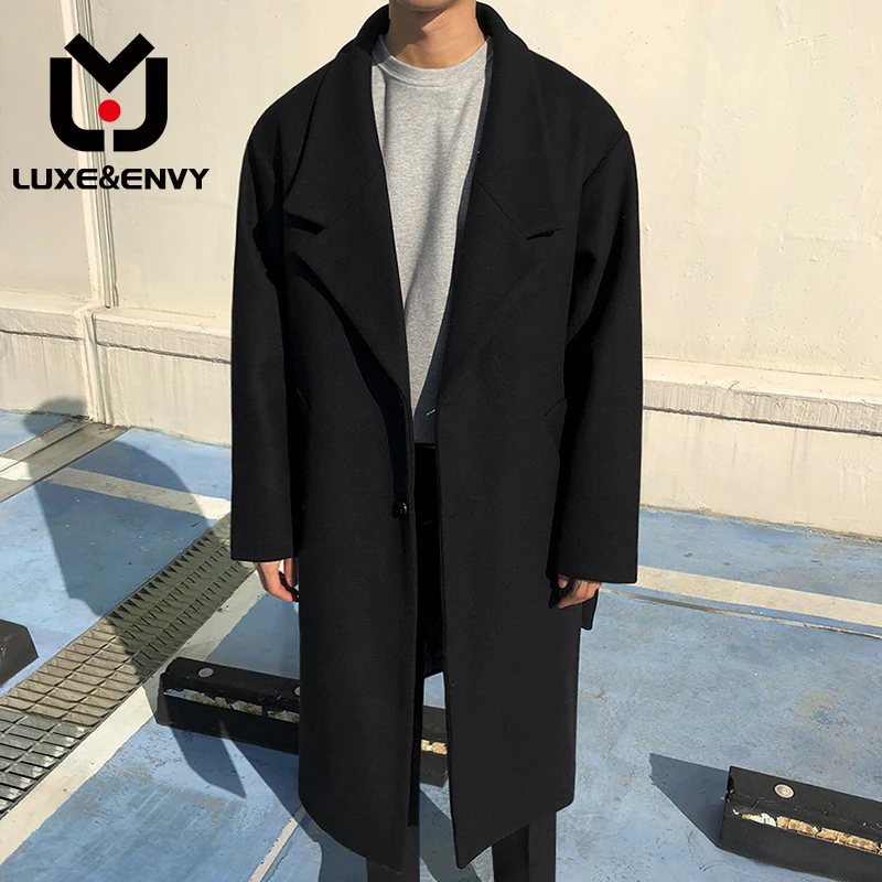 

Шерстяное пальто люкс & ENVY для мужчин, свободная твидовая одежда в Корейском стиле, на одной пуговице, длинная, Осень-зима