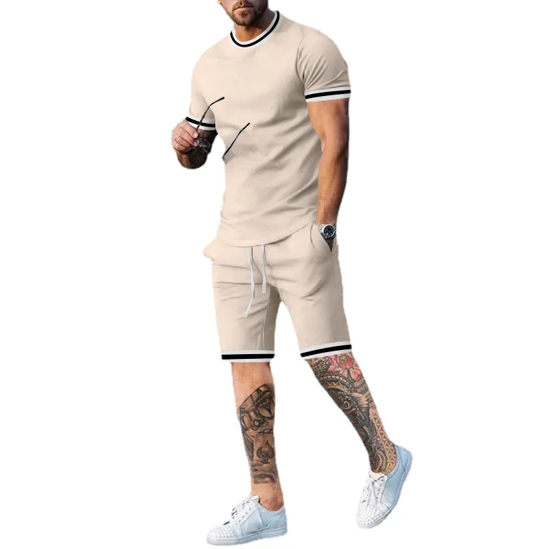 2023 Men's Summer Pullover Short Sleeve Shorts Set Casual Round Neck Loose T-shirt Two Piece Set