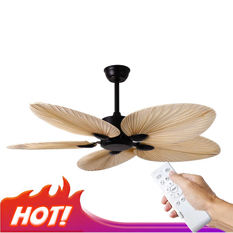

2022 New High Quality 52inch Factory Price Natural Breeze Palm Leaf Fan Blades 220V Remote Control Ceiling Fan Living Room