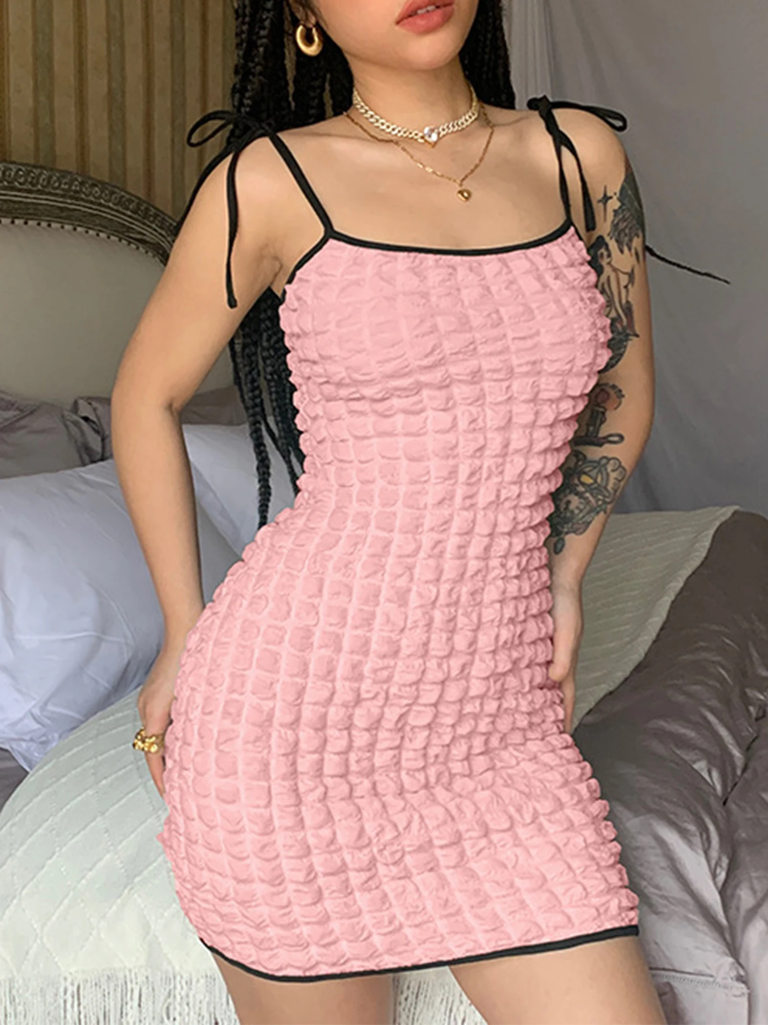 

Women Sexy Slip Dress Sleeveless Plaid Pattern Bordered Skinny Fit Backless Wrap Hip Sling Dress Casual Simple Clothes