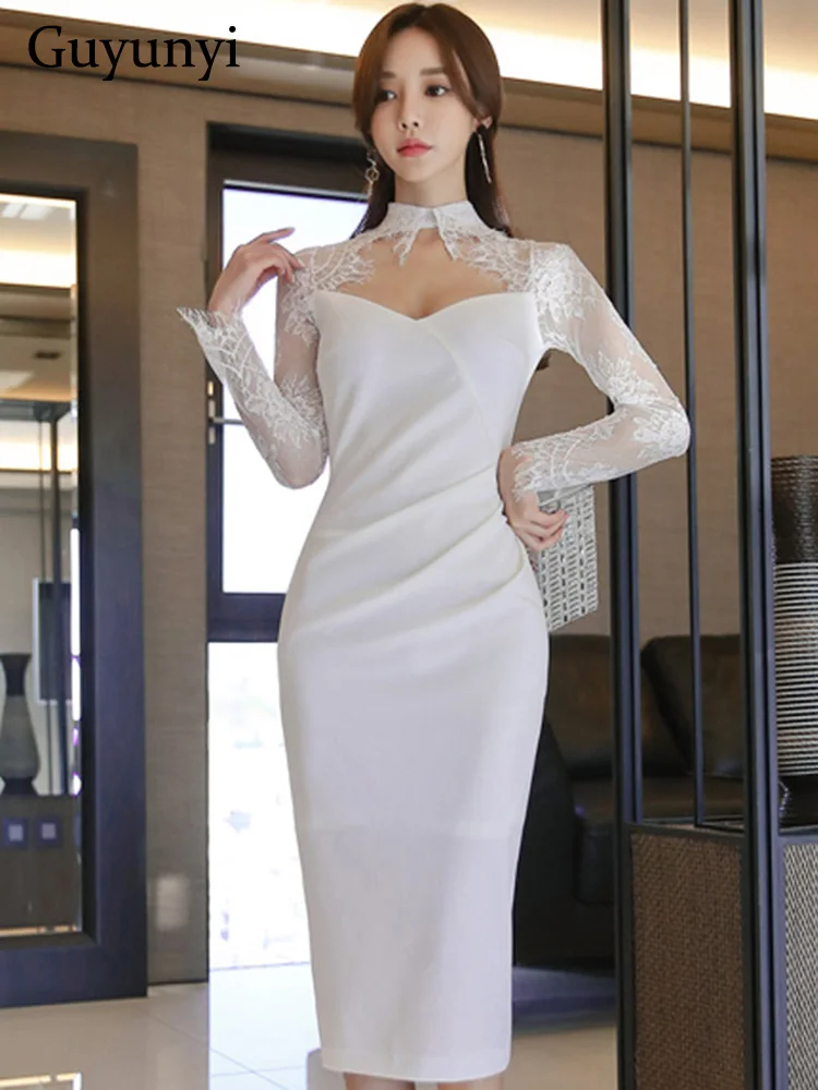 

Elegant Party Dress Spring White Sexy Lace Standing Neck Hollow Full Sleeve High Waist Small Fold Temperament Tight Dress Women