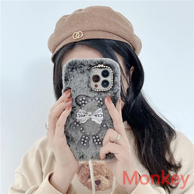 Жемчужный плюшевый чехол с алмазным медведем для Xiaomi Redmi Note 11 Pro 10 9 11S 10S 9S 10T 10C 9T 9A 9C