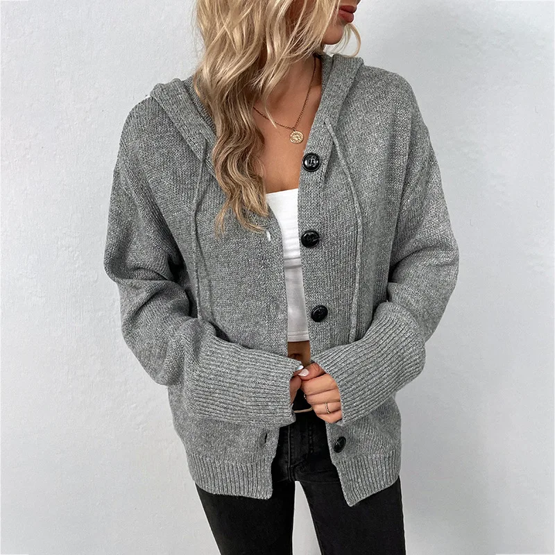 

Autumn Winter Clothes Women Knit Cardigan Jacket Korean Fashion Casual Long Sleeve Tops Button Up Hooded Knitwears Sweater Coat