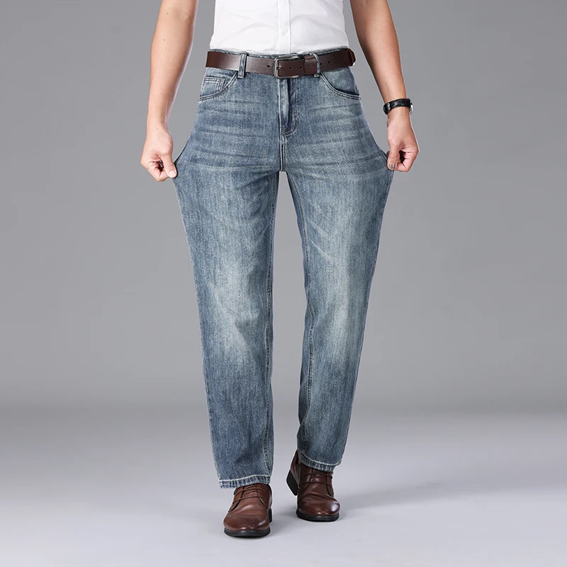 

Джинсы мужские свободные облегающие прямые, высококлассные брюки оверсайз с широкими штанинами, эластичные повседневные длинные брюки для мужчин среднего возраста, весна-лето