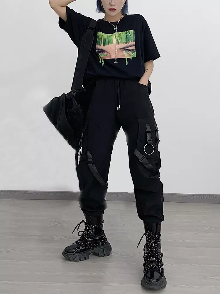 

Брюки-карго женские черные с завышенной талией, уличная одежда, брюки с прямыми штанинами, свободные длинные брюки в стиле Харадзюку бойфре...