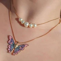 anime gold chain women butterfly pearl necklace double choker popularity butterfly pearl pendant girl jewelry gift