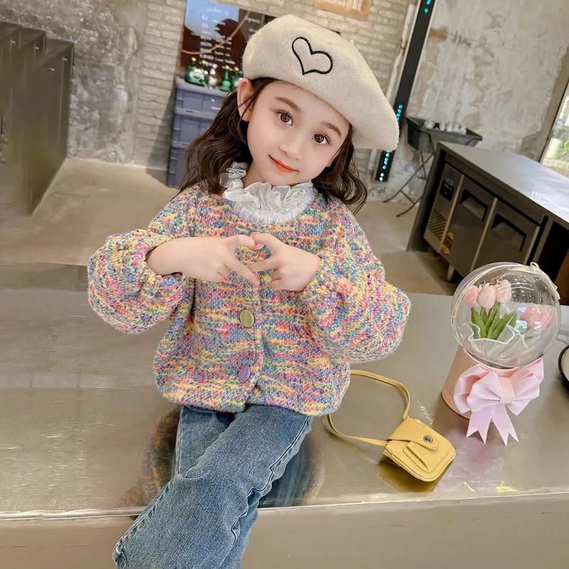

Coat Girls Spring Autumn Sweet Children Clothing Cardigan Rainbow Velvet Round Collar Long Sleeve Warm Button Colorful