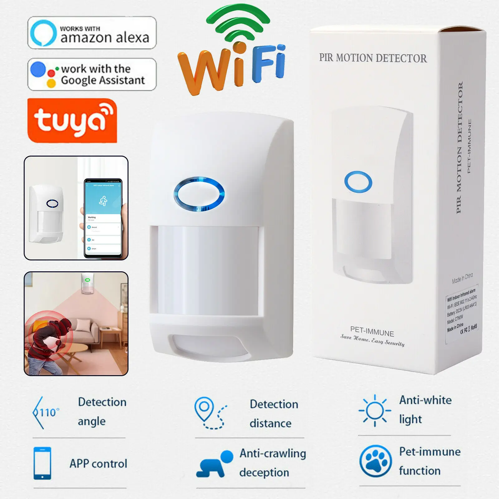 

Tuya Smart WiFi Infrared Detector PIR Motion Sensor Home Security Google Alexa