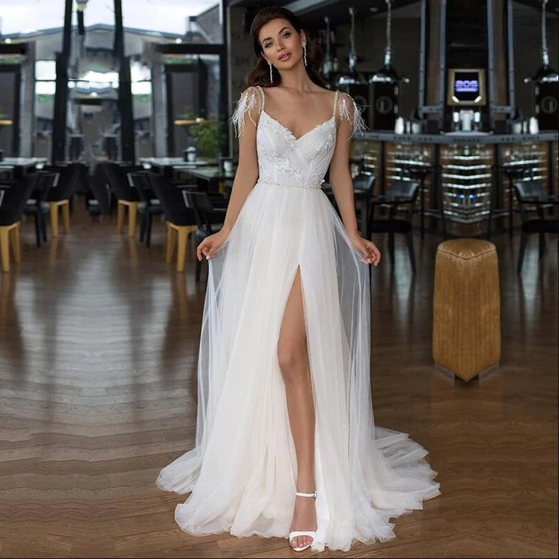 

Sexy Slit Wedding Dresses V-Neck Sleeveless Backless Tulle Bridal Gowns Lace Appliques Vestidos De Noiva