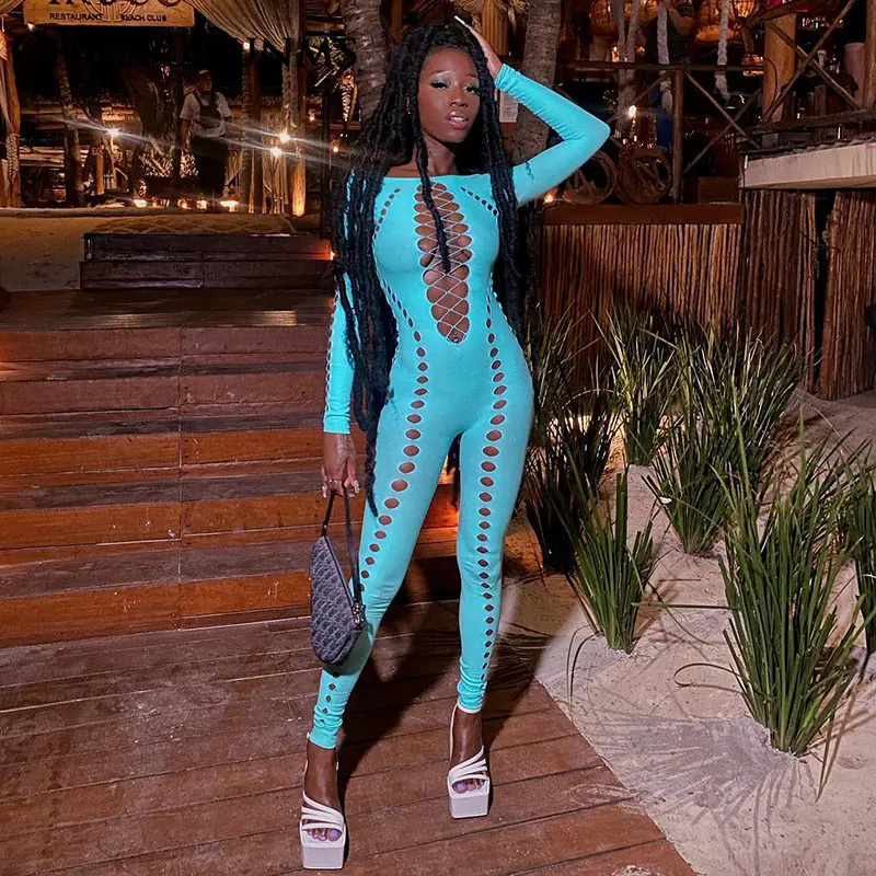 

Sexy Hollow Out See Through Jumpsuit Women Midnight Club Romper Tights Long Sleeve Shoulder Off Overall Bodycon Hole Pants 2022
