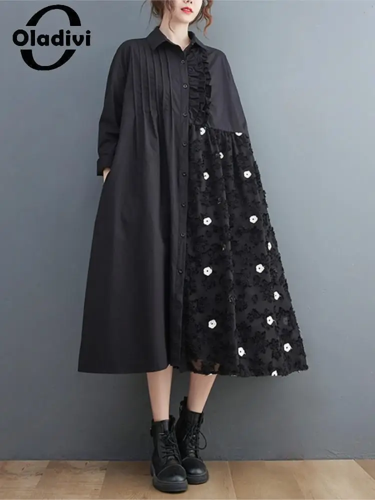 

Oladivi Long SLeeve Mesh Floral Embroidered Black Dress for Woman Big Size Clothing Elegant Ladies Casual Tunic Dresses 9505 6XL