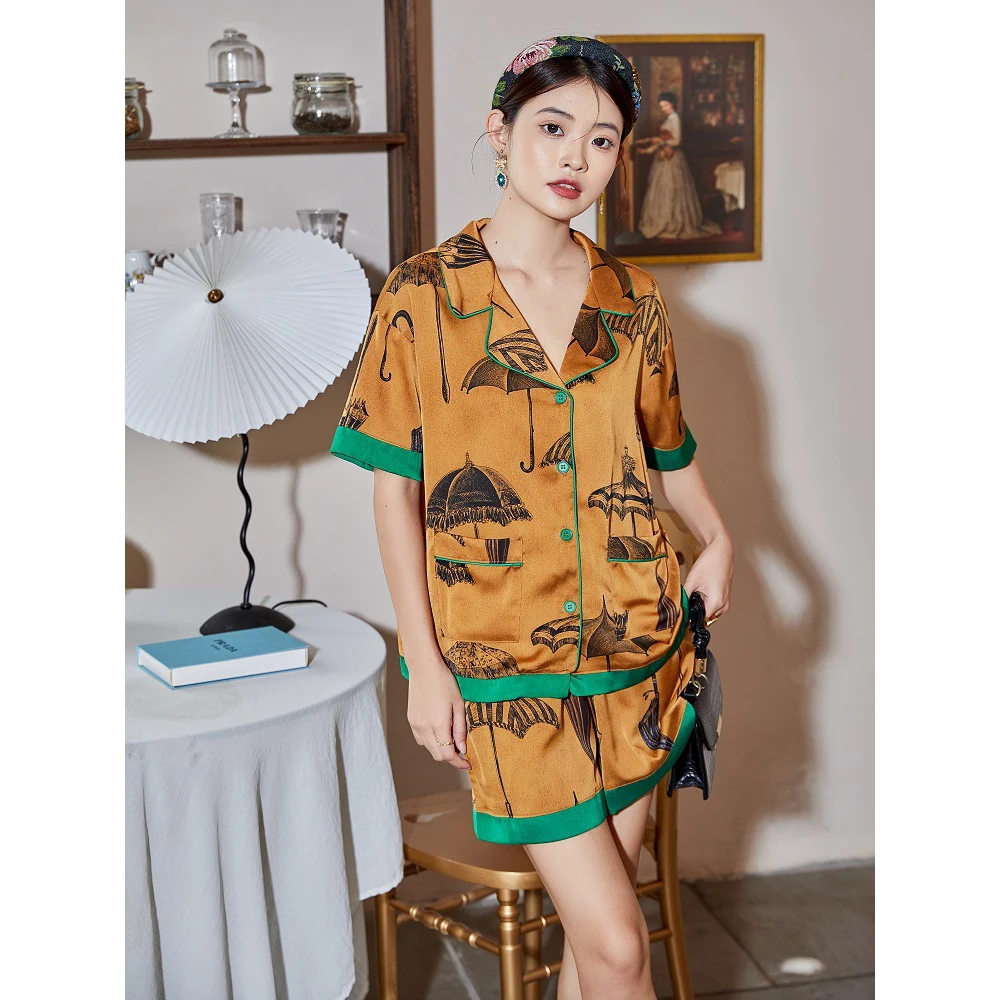Maison Gabrielle 2022 Summer Chinoirserie Printed Pajamas Set Loungewear Sleepwear for Women 2 Pieces Silk Vintage Short Sleeves