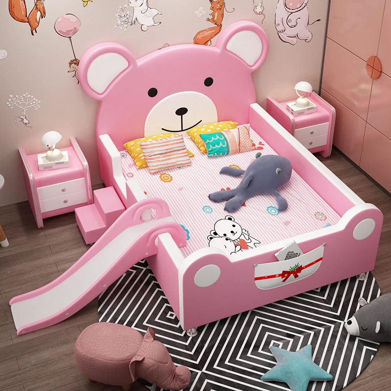 

Детская кровать для девочки односпальная кровать принцессы кровать 1.2 мультяшный медведь розовый 1,5 Массив дерева кожаная кровать слайд по...