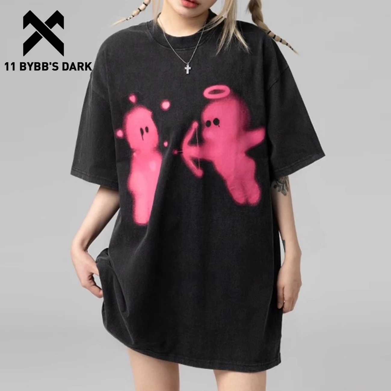 

Новинка 2023, потертая свободная Летняя Повседневная футболка 11 BYBB'S DARK Cupid's Love футболка с изображением стрелки с коротким рукавом, хлопковая футболка для мужчин и женщин