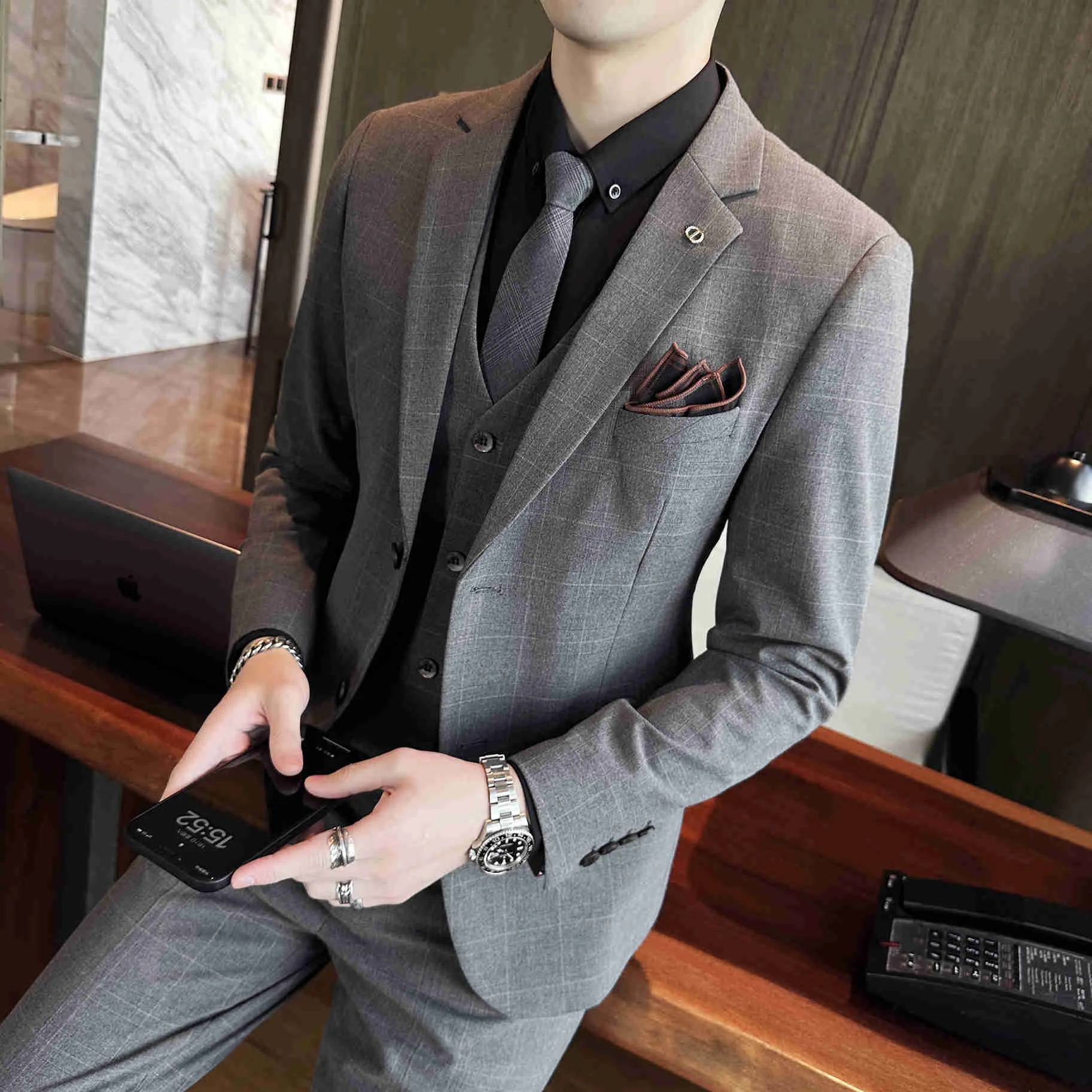 

(Пиджак + жилет + брюки) Высококачественный брендовый модный однотонный мужской повседневный деловой костюм из 3 предметов свадебное платье для жениха 4XL