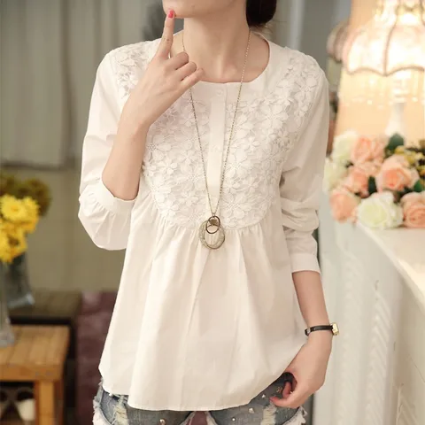 Женская летняя белая блузка, топы, женские блузки, женская блузка, модная женская блузка 2024, кружевная блузка с круглым вырезом, рубашка E755