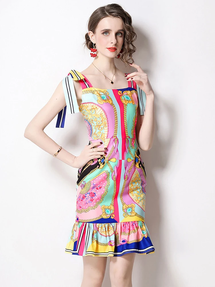 

Truerolory 2022 Summer Runway Mermaid Dress Women Bow Spaghetti Strap Backless Vintage Print Ruffles Party Mini Dress S2135
