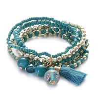 new 6pcsset elastic metal rice beads bracelet multi layer round bead pendant tassel bracelet for womens bohemia jewelry gift