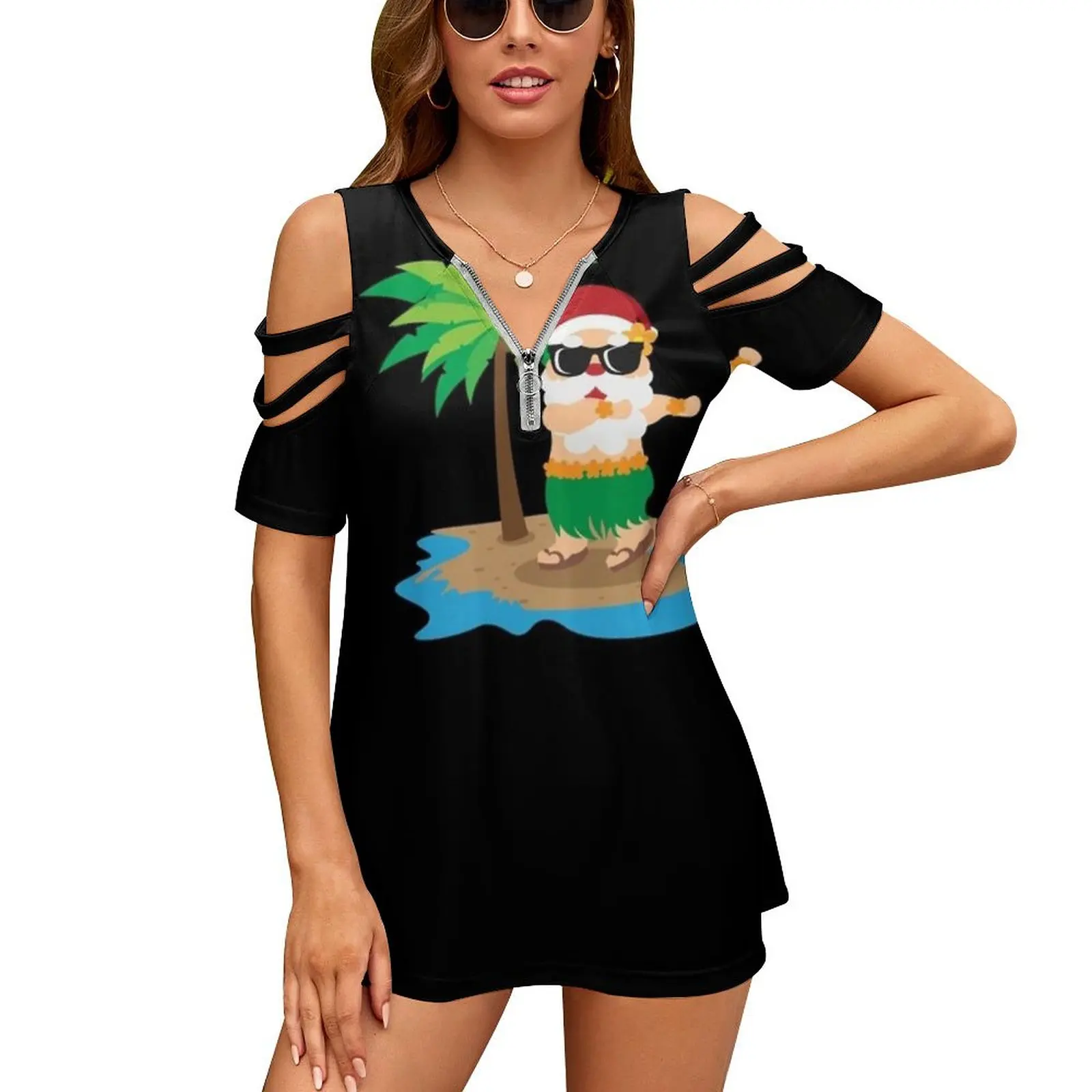 

Женская Винтажная футболка на молнии с принтом Санта-гавайский Рождество в июле лета