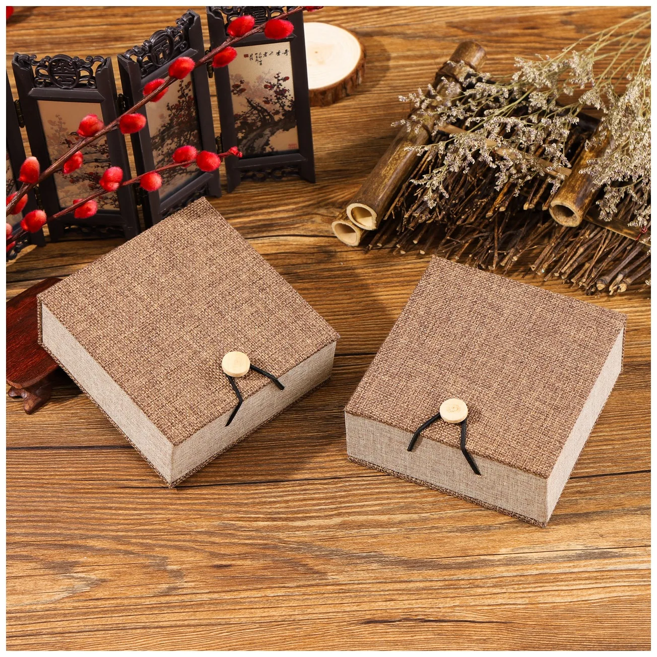 10pcs Burlap Velvet Jewelry Box Rectangle Pendant Necklace Box Square Bangle Bracelet DIY Present Packing 10.5x7.6~10x4.3~4.45cm