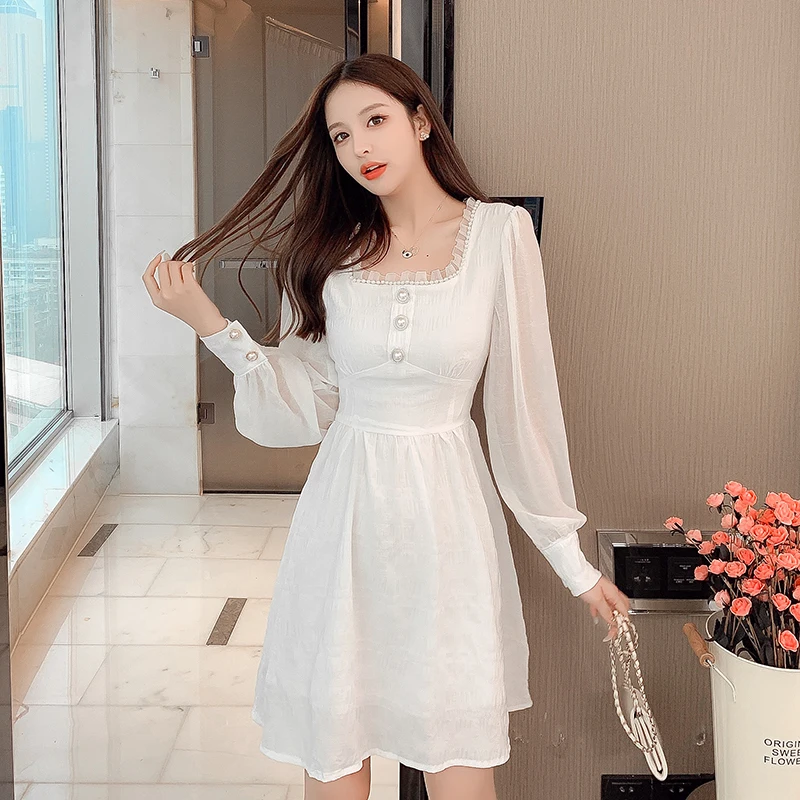 

Женское шифоновое платье средней длины, модельное элегантное платье во французском стиле с длинным рукавом и квадратным вырезом, весна 2022