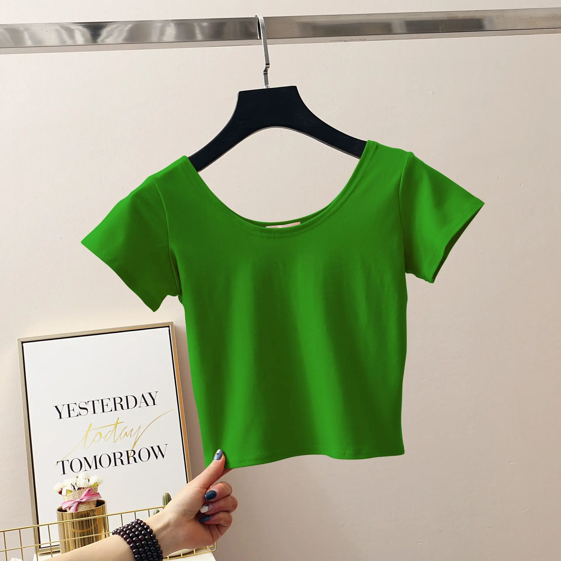 

Summer new solid color casual short-sleeved round neck top grey