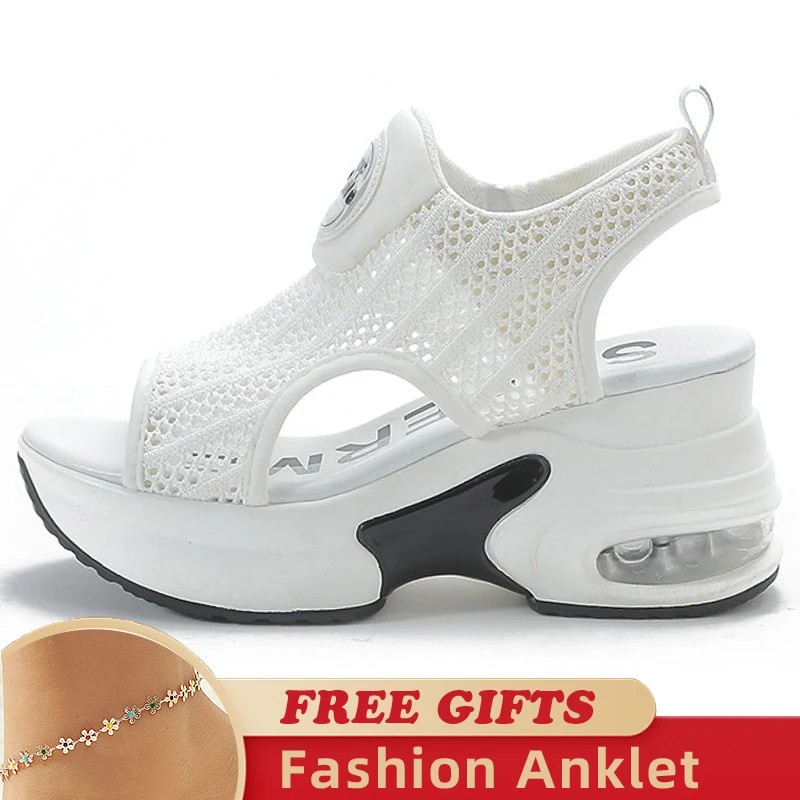 8CM New Air Mesh Breathable 2023 Young Women Sandals Elevator Shoes Famale Fashion Summer Peep Toe Platform Wedge Ladies Shoes