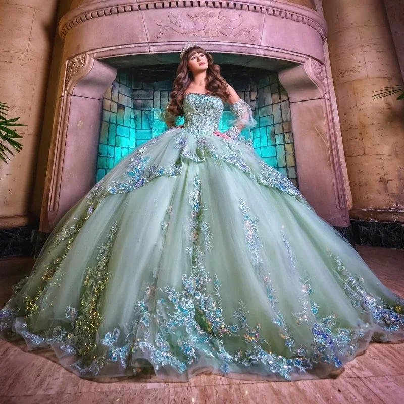 ANGELSBRIDEP мятно-зеленые платья Quinceanera с бусинами и кружевными аппликациями из тюля