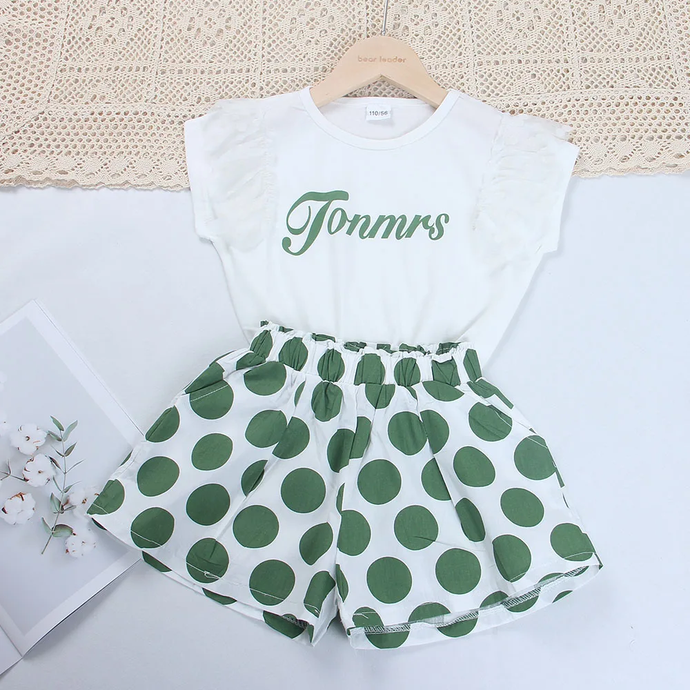 

2022 New Fashion Teens Girl Summer Clothes Sets Teenagers White Letter T-Shirt Dots Shorts Outfits Casual Clothes For 4-13 Years