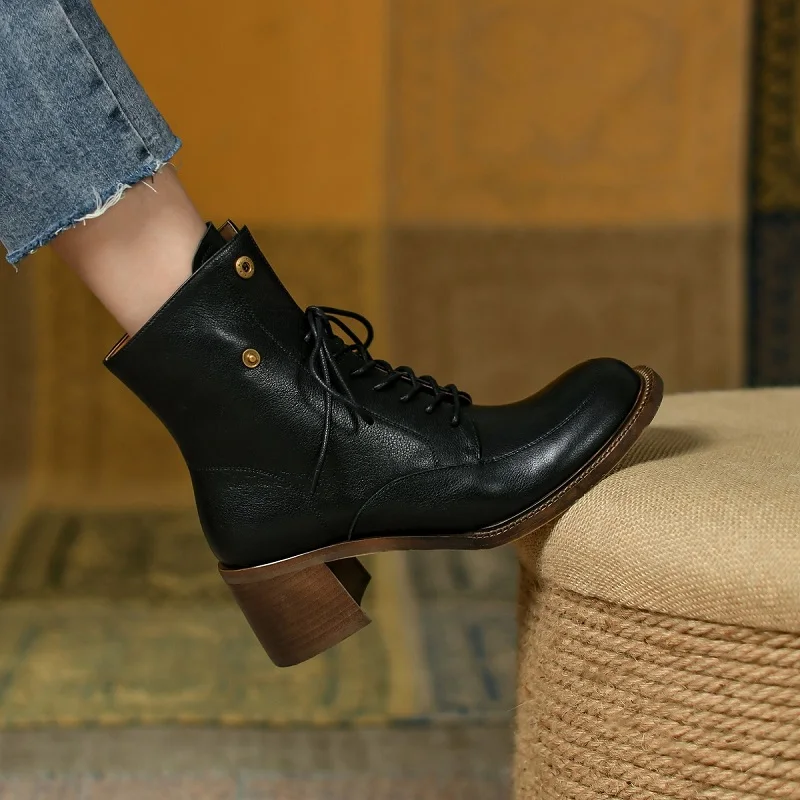 

Женские короткие ботинки, осенне-зимние повседневные стильные Теплые ботильоны, лаконичные ботинки из воловьей кожи с круглым носком, женс...