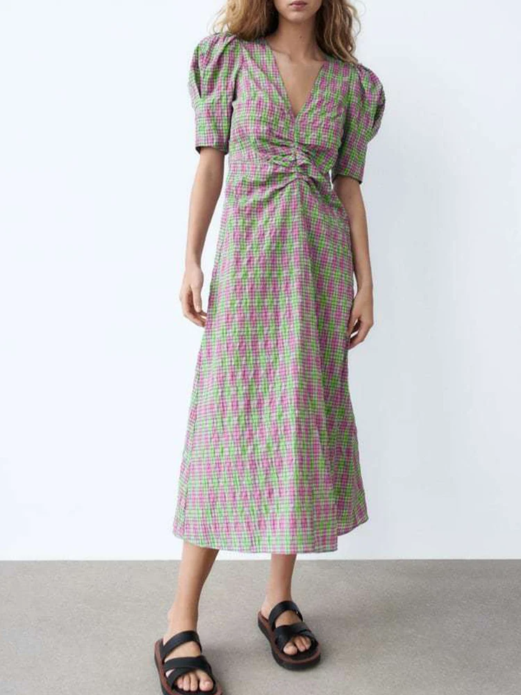 

Kumsvag 2022 Summer Women Vintage Plaid Dress Pleated Short Sleeve V-Neck Female Elegant Fashion Street Mid-Calf Dresses Vestido
