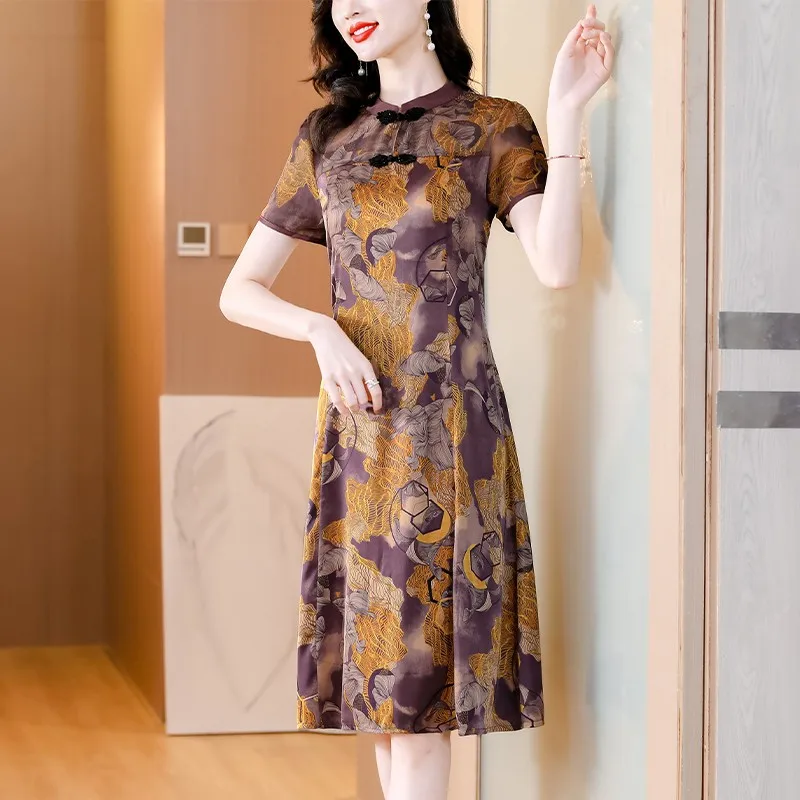 

Floral Vintage Summer Mulberry Silk Dress For Women Elegant Asian-style cheongsam Casual Party Maxi Vestidos