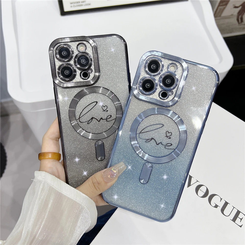 

love heart magsafe wireless charge Magnetic phone case For iPhone 14 Plus 13 Pro 12 Pro 11 Pro Max plating Silicone Soft Cases