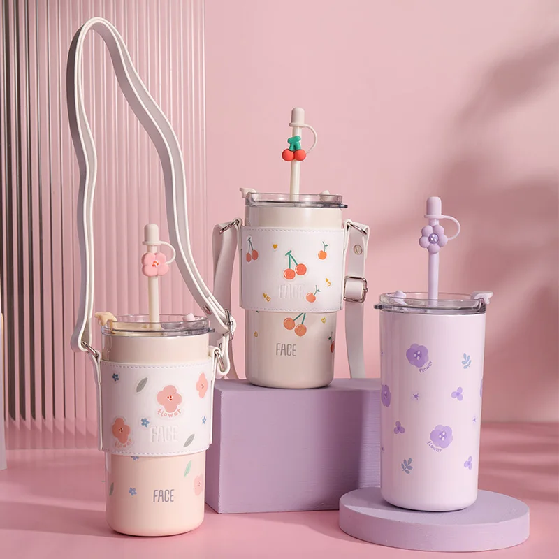 Water Bottle 304 Stainless Steel Vacuum Insulation Cup Cover Pu Material Portable Strap With Adjustable Water Bottles