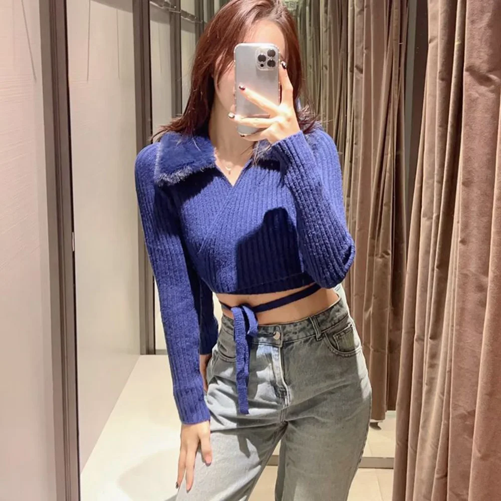 

Женский кардиган с поясом DiYiG, вязаный свитер с отложным воротником из искусственного меха, элегантная облегающая осенняя одежда, новинка ...