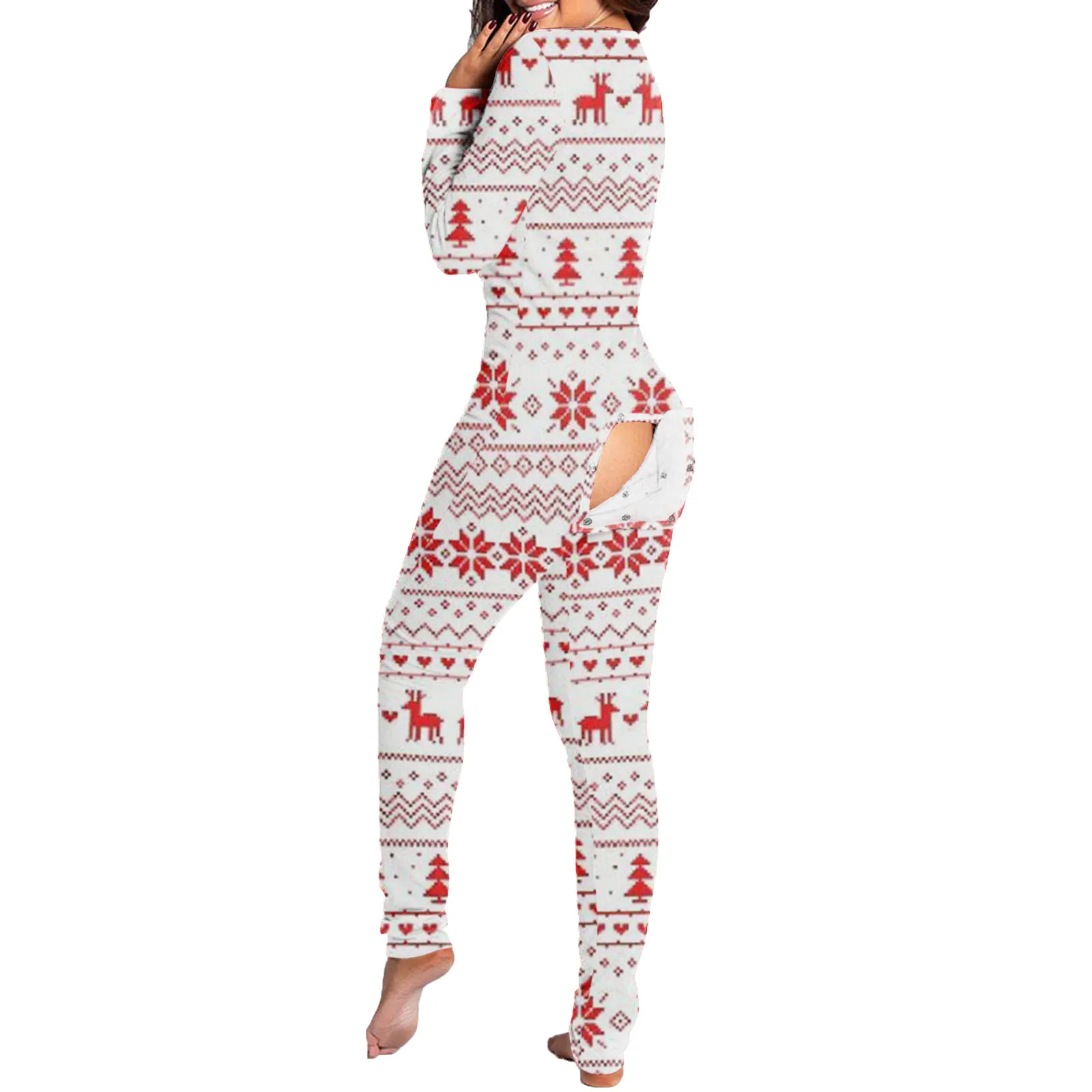 Jumpsuits For Women 2022 Christmas Onesies Sexy Butt Button Back Flap Jumpsuit V Neck Long Sleeve Romper Santa Pajamas Female