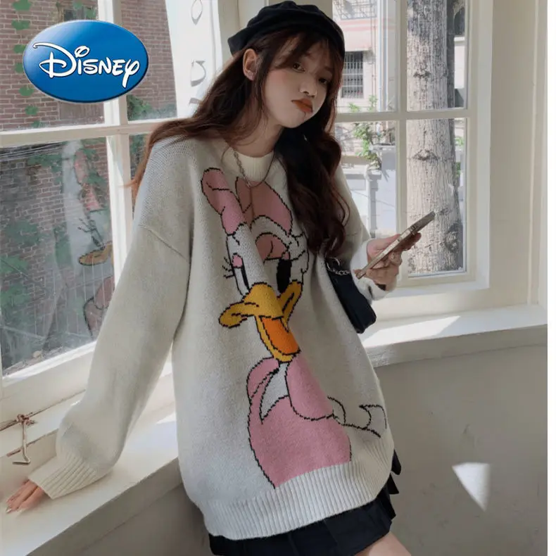 

Disney Donald Duck Cartoon Print Sweater Women's New Lazy Style Loose Pullover Sweater Top